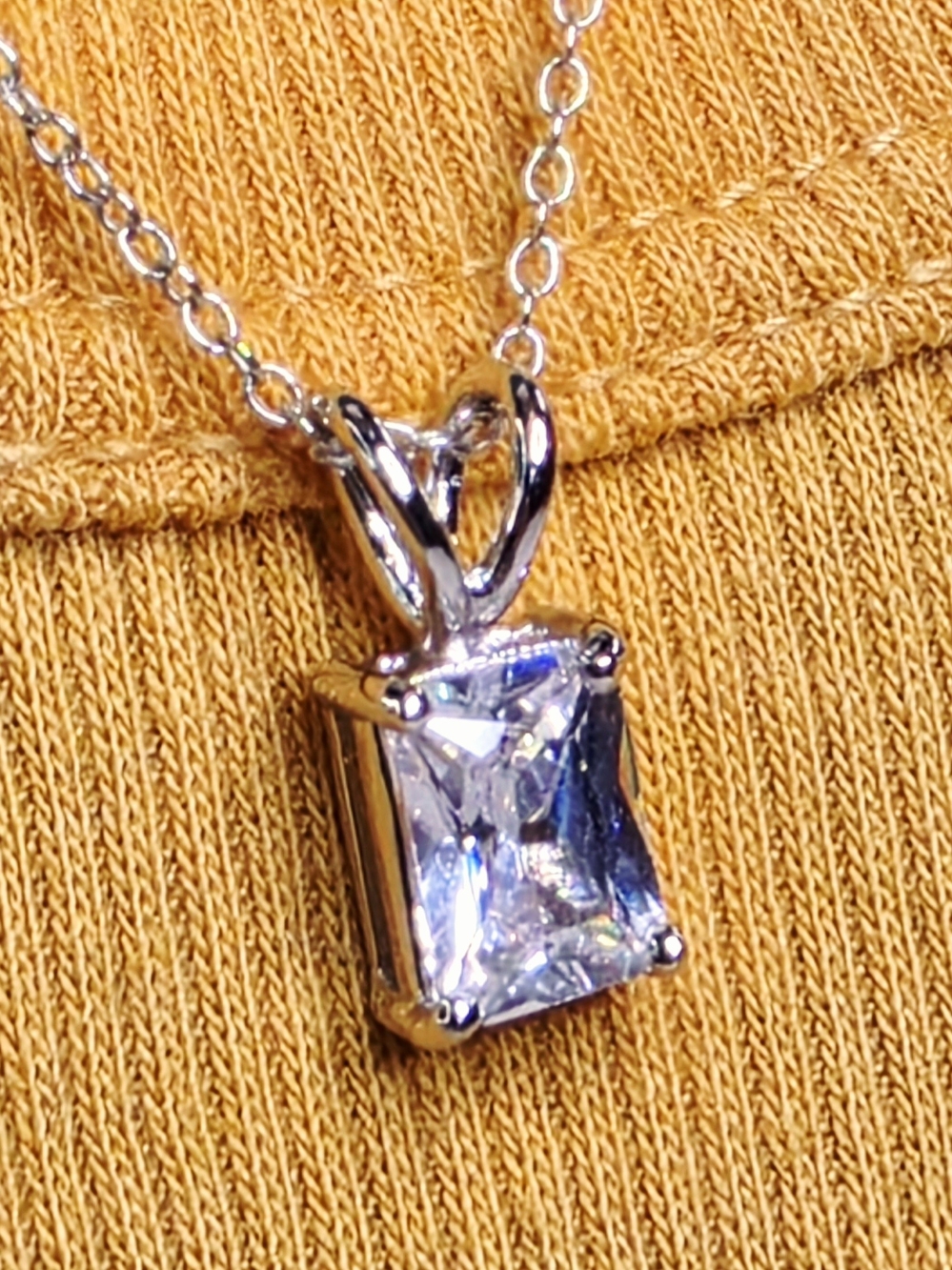 Sterling Silver Rectangle Solitaire Cubic Zirconia Pendant Necklace